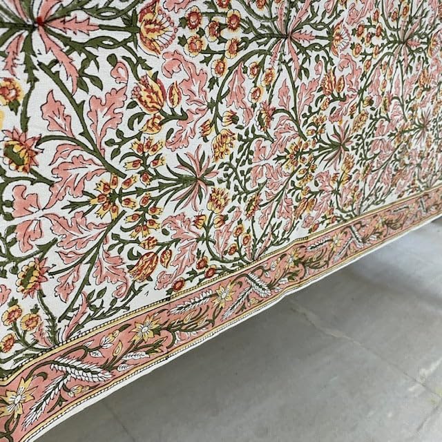 Ridhi Sassy Salmon Emerald Green Hand Block Print Cotton Rectangle Tablecloth 118" x 70" inches Reusable Table Cover Decorative Everyday Use for Dining, Farmhouse, Home, Party, Festive, Wedding, Fall