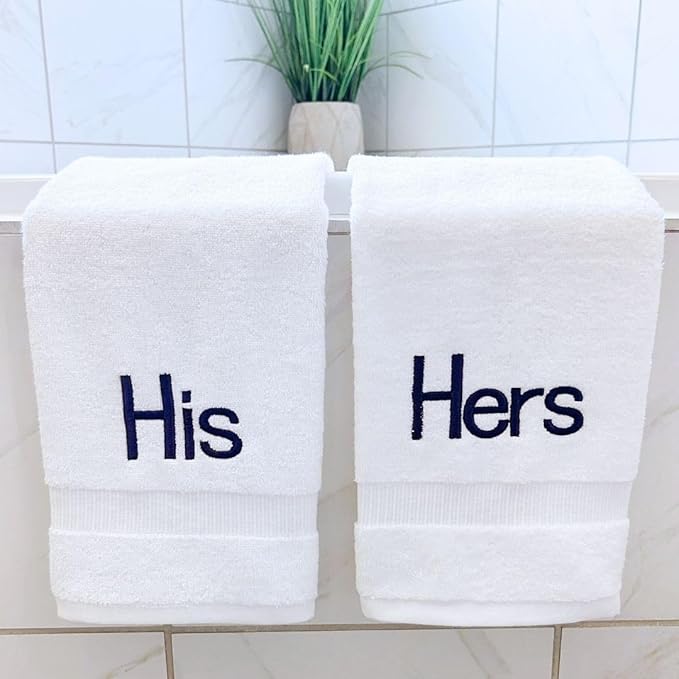 Navy Monogrammed Hand Towels for Bathroom - Luxury Hotel Quality Personalized Initial Decorative Embroidered Towel for Powder Room, Spa - GOTS Organic Certified - His and Hers