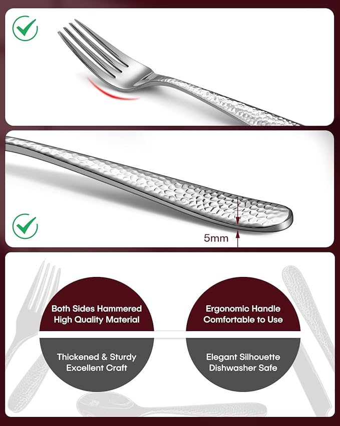 Hammered Silverware Set, EUIRIO 40-Piece Heavy Duty Cutlery Set for 8, Stainless Steel Flatware Set, Food-Grade Utensil Sets Includes Spoons Forks and Knives, Mirror Finish Dishwasher Safe