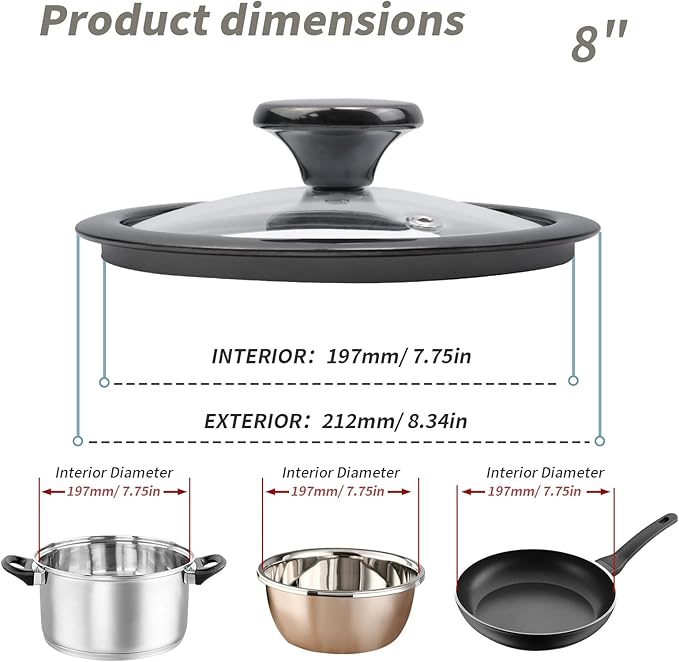 8" Tempered Glass Pan Lid with Steam Vent, Thickened to 4mm and Dishwasher Safe and Oven up to 480℉, Universal Lid Fit for Cast Iron Skillets, Frying Saute Pan, Cooking Pot