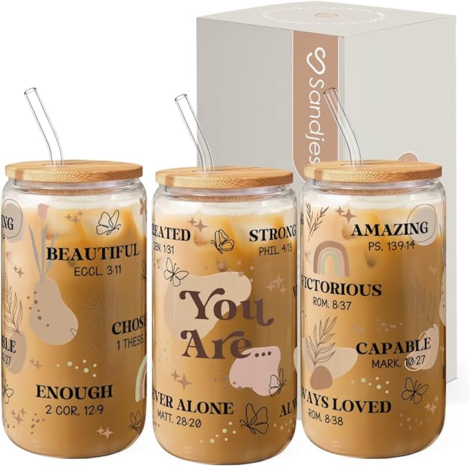 Christian Gifts for Women - Inspirational 16 Oz Can Glass Coffee Cup with Bamboo Lid & Straw- Religious, Motivational Catholic Gifts for Womens Ladies on Birthday
