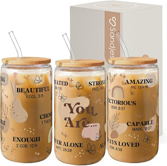 Christian Gifts for Women - Inspirational 16 Oz Can Glass Coffee Cup with Bamboo Lid & Straw- Religious, Motivational Catholic Gifts for Womens Ladies on Birthday