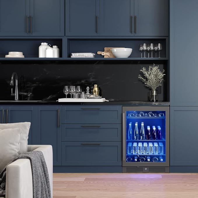 Zephyr 24" Wine Fridge & Beverage Refrigerator Single Zone Under Counter - Mini Wine Cooler Cellars Small Beer Cabinet Drink Chiller Freestanding with French Glass Door Black, 7 Bottles, 112 Cans