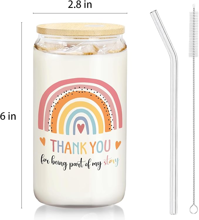 Boho Rainbow Teacher Glass Cup with Lids and Straws 14oz, Teacher Appreciation Gifts, Best Teachers Gifts for Women Glass Iced Coffee Tumbler Drinking Jars with Cleaning Brush