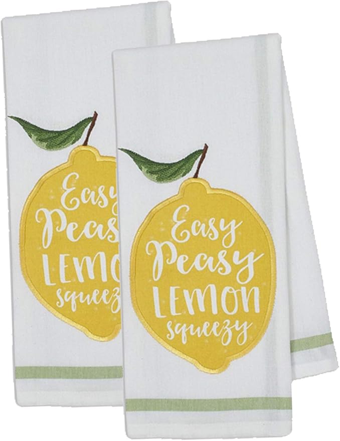 Design Imports Lemon Bliss Table Linens, 18-Inch by 28-Inch Dishtowels, Set of 2, Lemon Squeezy Embellished