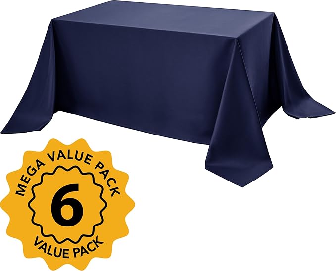 6-Pack Navy Blue Tablecloths for Rectangle Tables, 90 x 156 Inches, Stain-Resistant Polyester Fabric for 8 Foot Tables - Washable Table Covers for Weddings, Banquets, Birthday Parties, Events