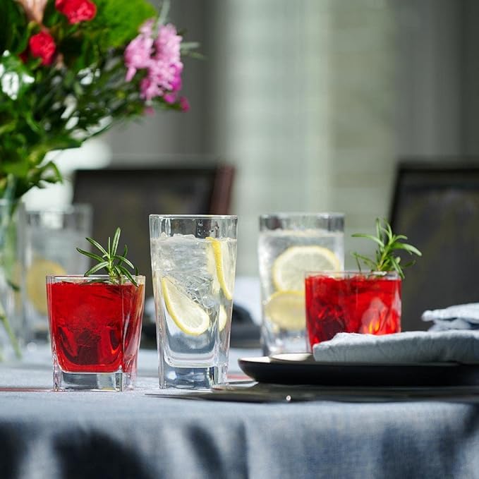 Everyday Drinking Glasses Set of 8 Drinkware Kitchen Glasses for Cocktail, Iced Coffee, Beer, Ice Tea, Wine, Whiskey, Water, 4 Tall Highball Glass Cups & 4 Short Old Fashioned.