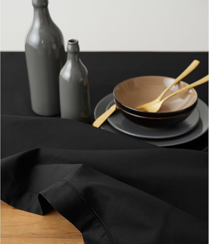 Solino Home Black Cotton Linen Tablecloth 58 x 156 Inch - Hemstitch Table Cloth for Rectangle Tables - Machine Washable Tablecloth for New Year