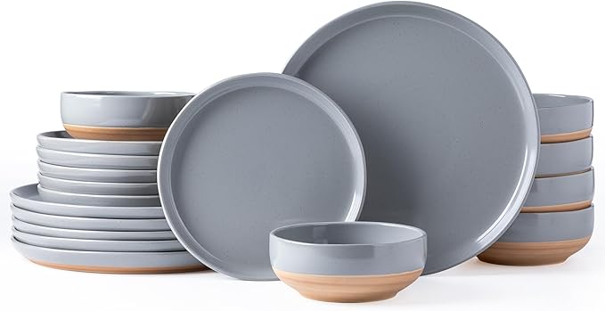 AmorArc Ceramic Dinnerware Sets for 6, 18 Pieces Handpainted Plates and Bowls Set with Rustic Terracotta Underside, Scratch Resistant Stoneware Dishes Set, Dishwasher & Microwave Safe, Gray