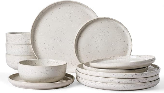 Famiware Meteor Plates and Bowls Sets for 4, 12 Pieces Dinnerware Sets, Microwave and Dishwasher Safe Dishes Set, Creamy White