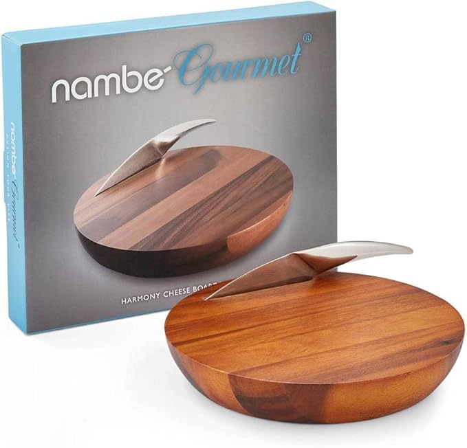 Nambé Harmony Cheese Board with Knife – 12-Inch Acacia Wood Serving Board with Stainless Steel Knife – Elegant Cheese Platter & Charcuterie Set for Entertaining, Appetizers & Dining Décor