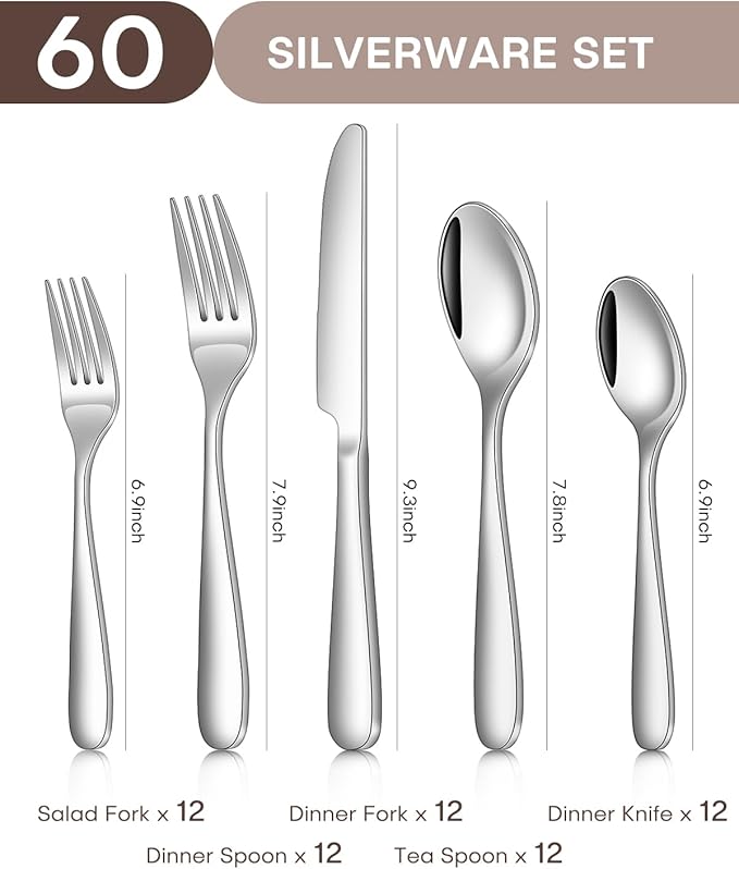 Silverware Set, Ollex 60 Pieces Heavy Duty Stainless Steel Flatware Cutlery Set for 12, Mirror Polished Tableware Eating Utensils Set Include Knife Spoon Fork Set for Kitchen, Dishwasher Safe