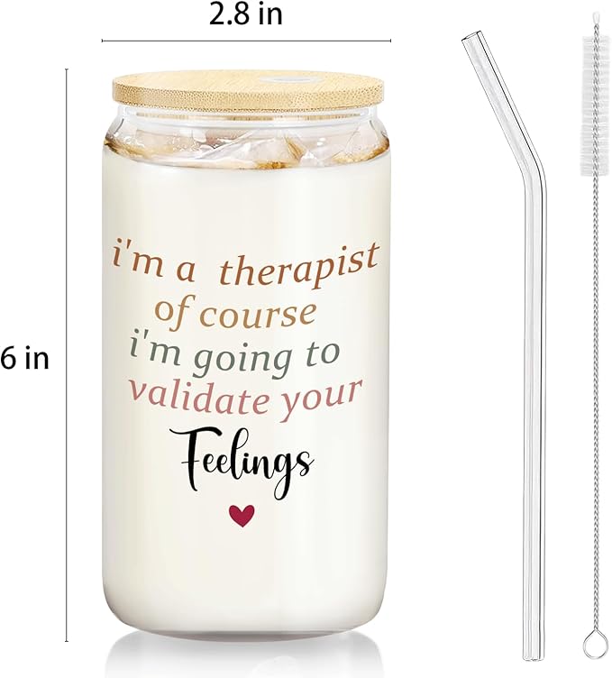 Therapist Gifts Glass Cup with Lids and Straws 14oz, Mental Health Therapist Gifts for Women Female, Mental Health Glass Iced Coffee Tumbler Drinking Jars with Cleaning Brush