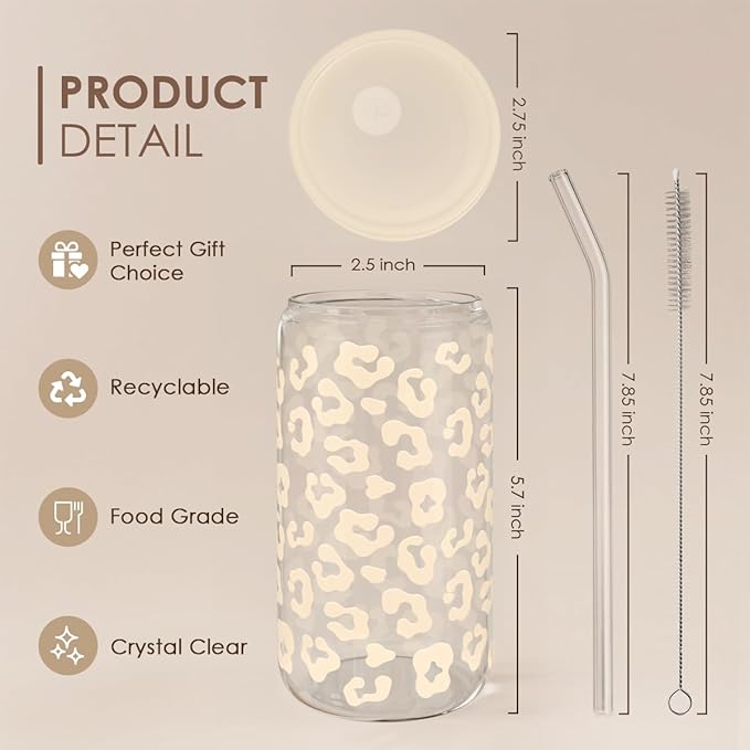 SANDJEST Leopard Glass Can, Beige Leopard Print Cup with Lid & Straw, Iced Coffee Aesthetic Cups, Gift for Christmas Birthday Mother Day, Gifts for Women, 16oz