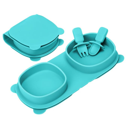 Silicone Foldable Novelty Dinner Plates,Suction Plates for Baby Travel Essential with Forks and Spoons,Microwave & Dishwasher Safe,Aqua