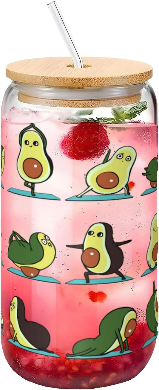 Avocado Yoga Transparent Glass Cup 16 OZ —— Bamboo Lid & Straw, The Travel Glassware Great for Any Occasion, Any Hot and Cold Drinks