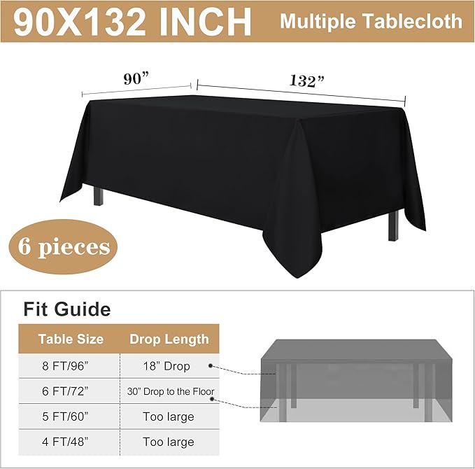 sancua 6 Pack Black Tablecloth 90 x 132 Inch - Rectangle Table Cloth for 6 Feet Tables Stain and Wrinkle Resistant Washable Polyester Table Cover for Dining Wedding Banquet Party Buffet Restaurant