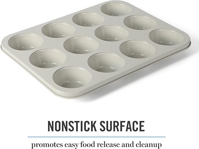 Martha Stewart Gallen 12-Cup Nonstick Carbon Steel Muffin and Cupcake Pan – Cool Grey, Durable Bakeware for Even Baking and Easy Release