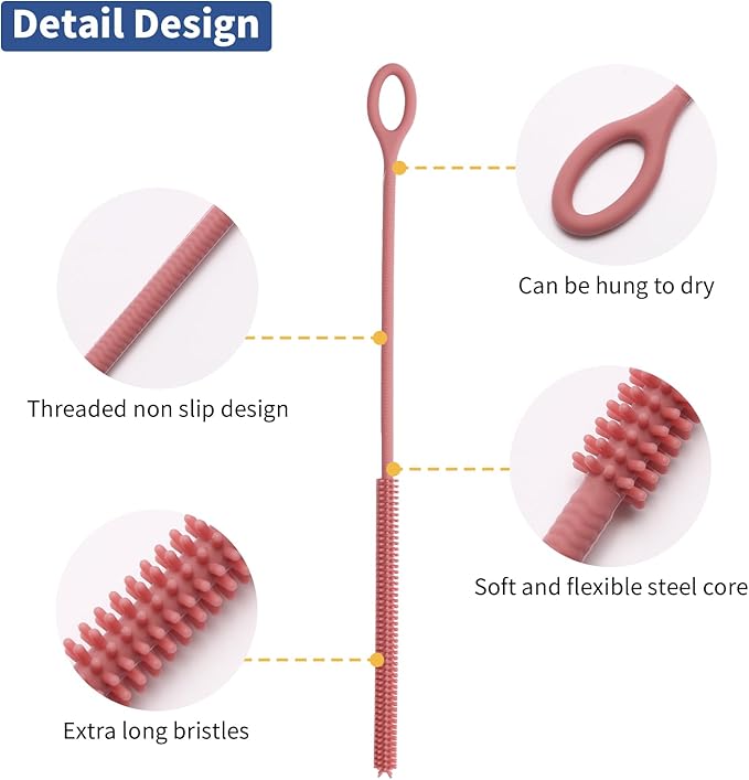 Silicone Straw Cleaner Brush, 2Pcs Reusable Straw Brush Extra Long for Cleaning Tumbler with Handle and Glass Metal Smoothie Straws, Non-slip Handle Soft and Bendable, 6mm+9mm (Pink)