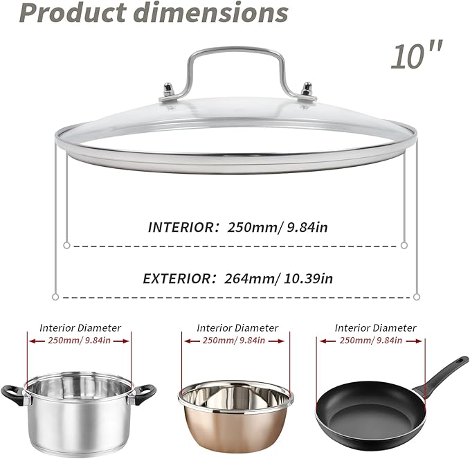 10" Tempered Glass Pan Lid with Steam Vent, Thickened to 4mm and Dishwasher Safe and Oven up to 480℉, Universal Lid Fit for Cast Iron Skillets, Frying Saute Pan, Cooking Pot