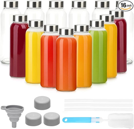 10 oz Clear Glass Bottle with Lid, Reusable Glass Water Bottles with Stainless Steel Cap & Straws for Juicing, Milk, Ginger & Smoothies, Refrigerator, Leak-Proof, Juice Containers Set of 16
