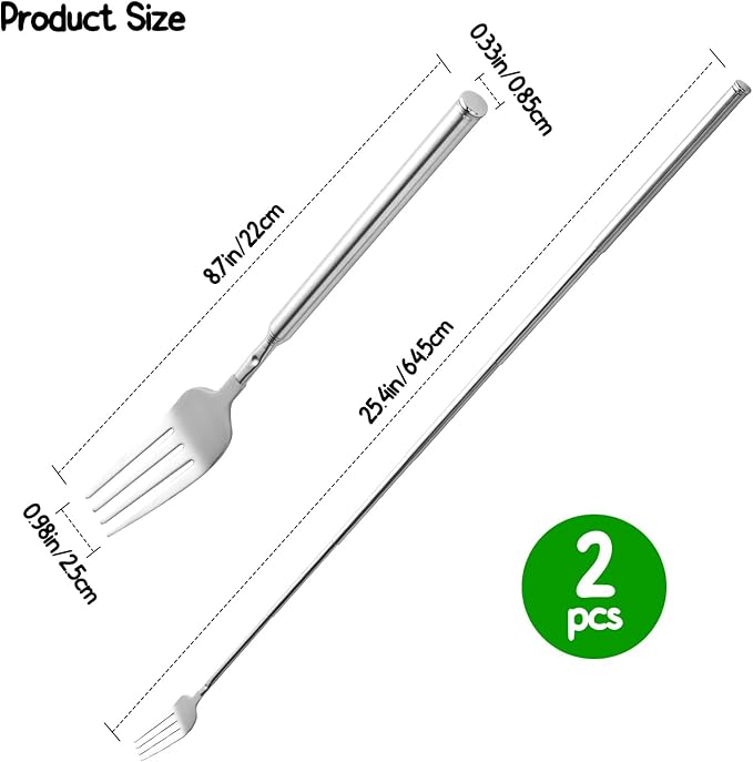【3 PCS】Extendable Fork for Jokes, Expandable Forks, Extended/Extending/Extend, Extension from 8.7" to 25.4" Long, Stainless Steel Telescopic/Telescoping/Retractable Dinner Fork. Silver