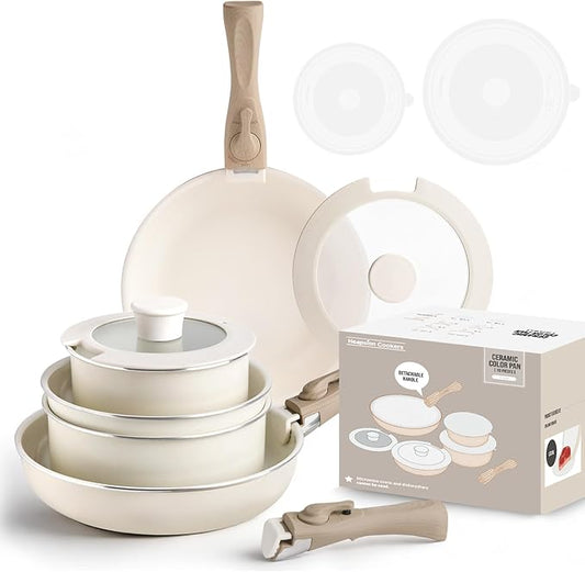 10-Piece Ceramic Nonstick Cookware Set, PFAS/PFOA/PTFE-Free & Non-Toxic Pots and Pans Set with Detachable Handles, Dishwasher Safe & Induction Compatible for Kitchen & RV Cooking