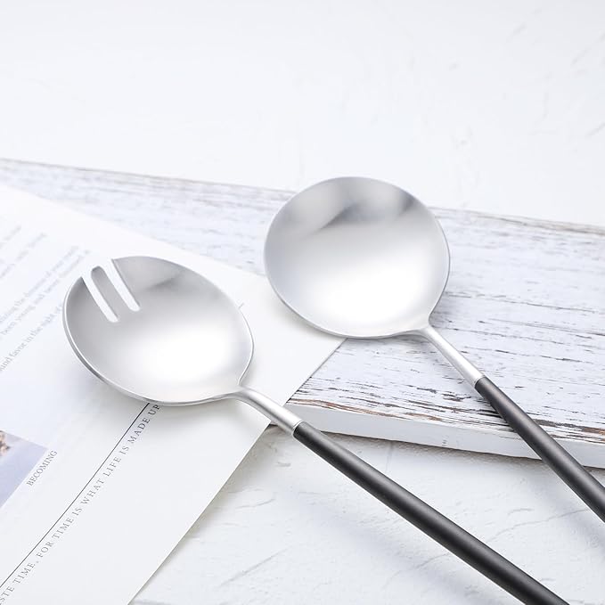 Salad Servers,Spoon and Fork Set 11.41 inch,18/10 Stainless Steel Salad Serving Titanium Plating (black silver)