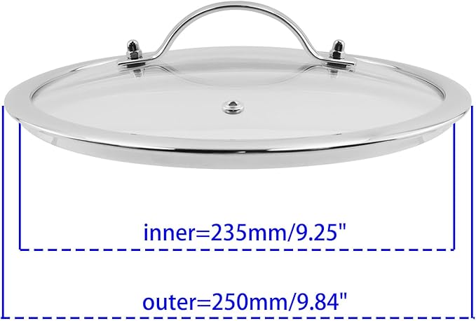 Woogim 9.5 Inch Tempered Glass Lid with Stainless Steel Handle,Thickened to 4mm and Dishwasher Safe and Oven Up to 480℉,Wide Edge Cover for Cast Iron Skillets Casseroles Pan Pot