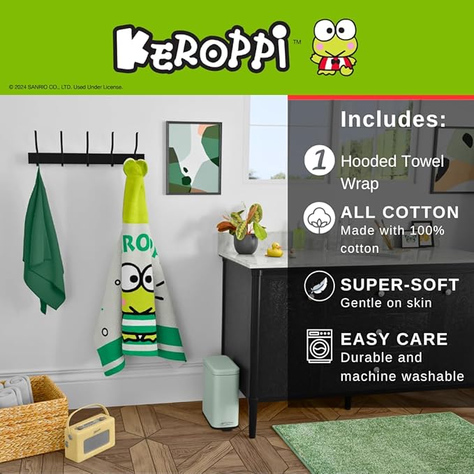 Sanrio Keroppi Kids Super Soft Bath/Pool/Beach Soft Cotton Terry Hooded Towel Wrap, 24 in x 50 in, (Officially Licensed Product) by Franco