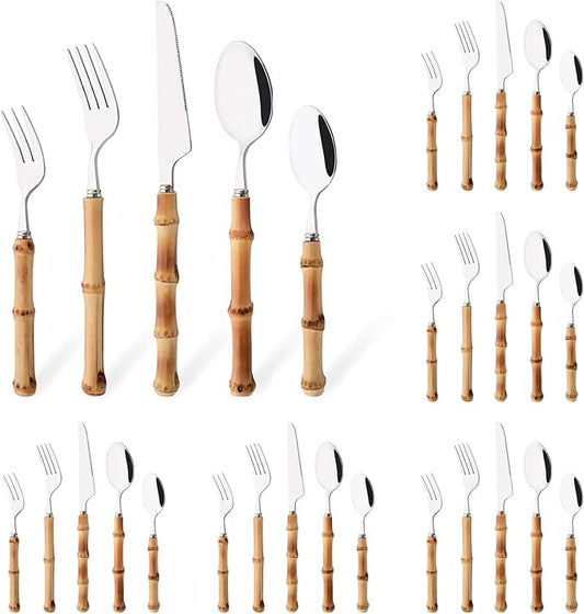 30PCS Silverware Set for 6, Bamboo Handle Flatware Set, Stainless Steel Cutlery Set for Home Restaurant and Party, Bamboo Forks Spoons and Knives Set, Polished Tableware