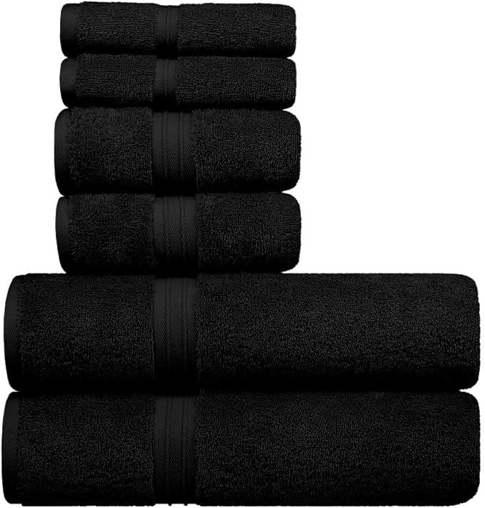 6 Pack Cotton Towel Set - Extra Soft & Absorbent - 100% Cotton, Hotel Quality and Fluffy Include 2 Bath Towel (28" x 56"), 2 Hand Towel (16"x28") and 2 Wash Cloths (12"x12") - Black
