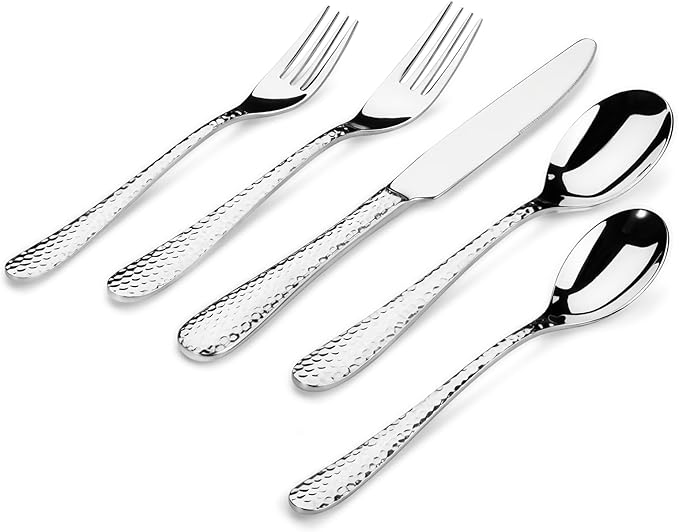 Hammered Silverware Set, 30-Piece Flatware Cutlery Set Service for 6, Modern Heavy Duty Design, 18/10 Stainless Steel Utensils, Dishwasher Safe