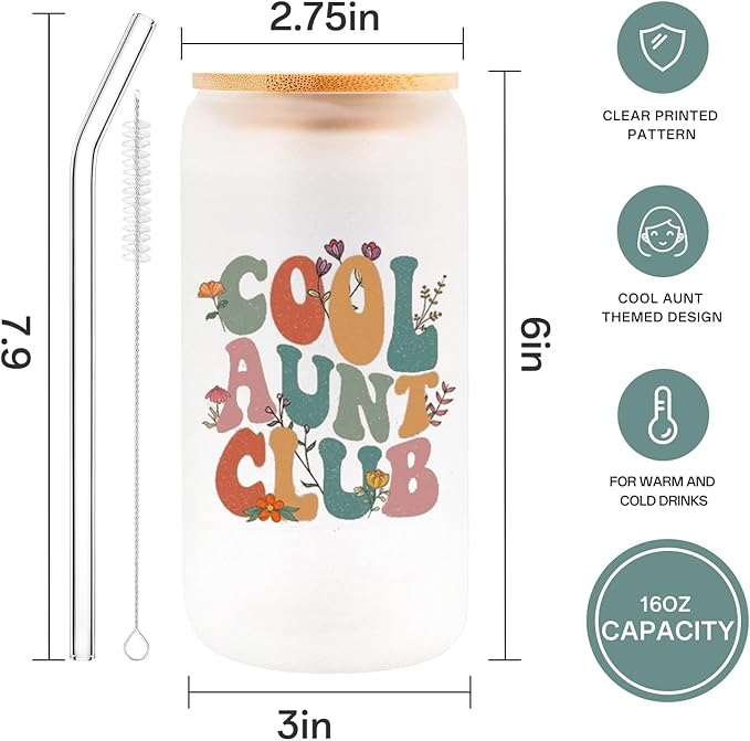 Aunt Gifts for New Auntie,16 Cool Aunt Club Oz Iced Coffee Cup from Nieces Best Auntie Gifts Ideas for Birthday, Aunty Drinking Jar