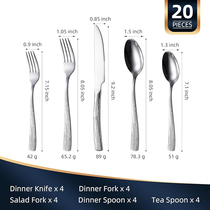 20-Piece Silverware Set for 4, CITESANA Heavy Duty Stainless Steel Flatware Set with Ripple Handles, Mirror Polished Kitchen Cutlery Set