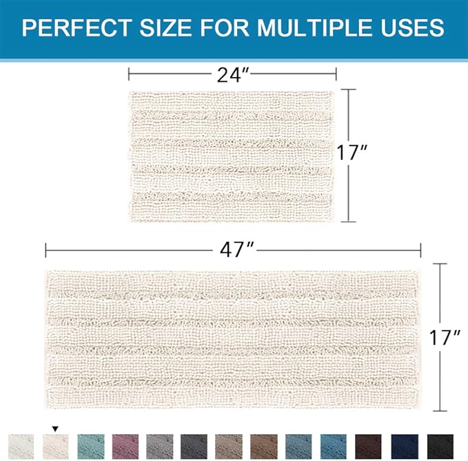 H.VERSAILTEX Extra Thick Striped Bath Rugs for Bathroom 2 Piece Bathroom Set Anti-Slip Bath Mats Soft Plush Shaggy Mat Living Room Bedroom Mat Floor Water Absorbent (Ivory, 47" x 17"/17" x 24")
