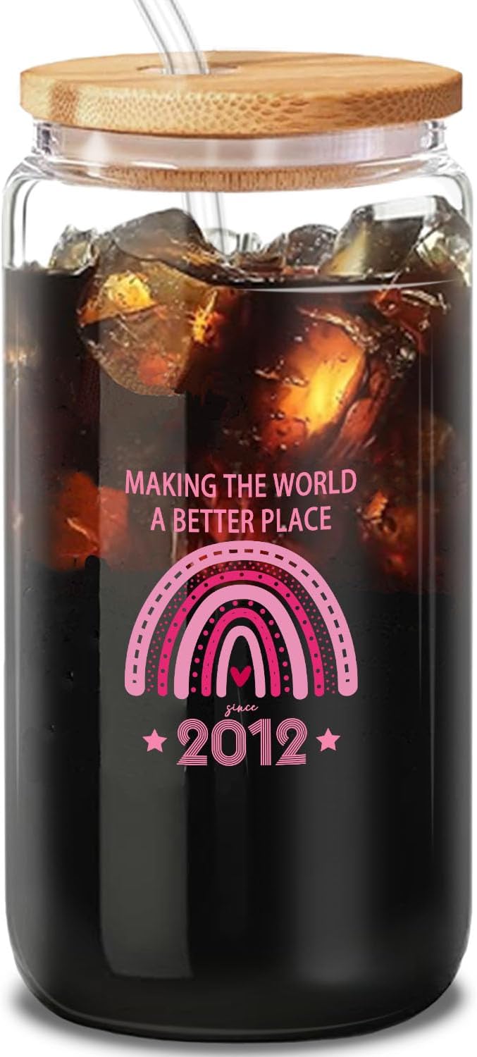 Making the World Better Since 2012" Pink Tumbler, 13th Birthday Gift for Girls, 16oz Inspirational Iced Coffee & Juice Cup, Fun Teen Gift with Positive Message