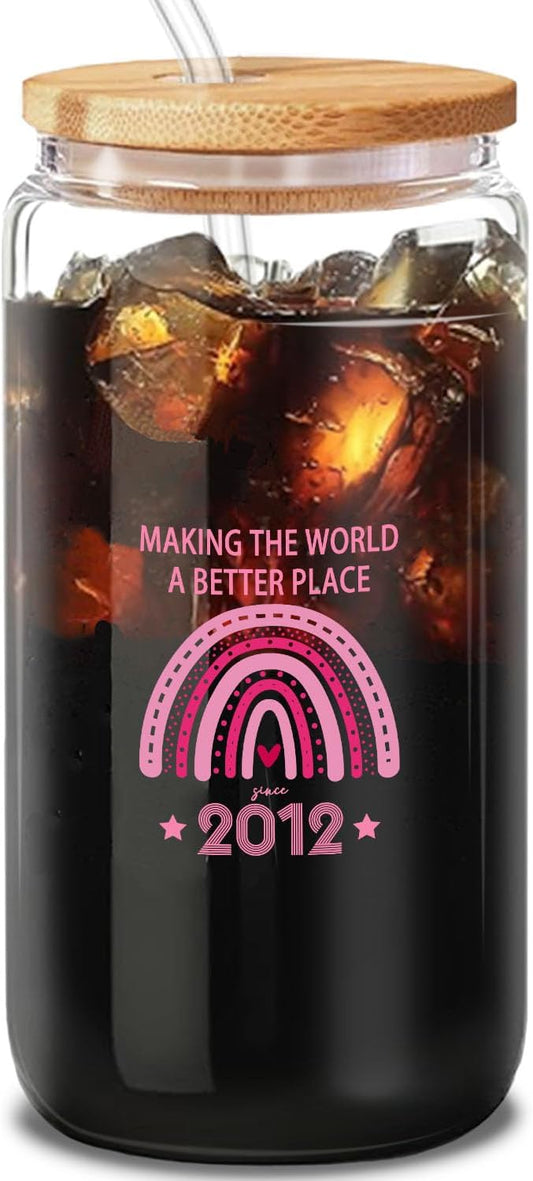 Making the World Better Since 2012" Pink Tumbler, 13th Birthday Gift for Girls, 16oz Inspirational Iced Coffee & Juice Cup, Fun Teen Gift with Positive Message