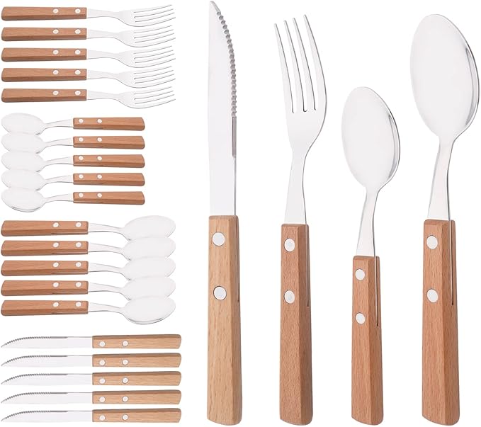 Silver Flatware Set with Natural Wood Handle, 24 PCS Silverware Set for 6, Premium 18/8 (304) Stainless Steel Cutlery Set, Forks Spoons and Knives Set for Home/Camping/Travel, Mirror Finish