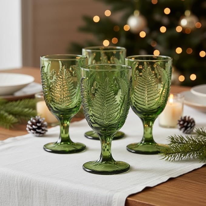 Green Glass Goblets Set of 4, 10 oz Stemmed Wine Glasses, Handcrafted Vintage Green Glassware, Fern Embossed Colored Stemware, Boho Aesthetic Textured Drinkware, Retro Home Decor Christmas Gift Set