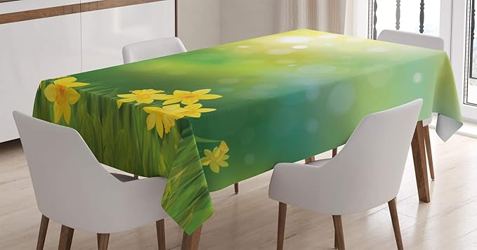 Ambesonne Daffodils Tablecloth, Fresh Flowers on a Spring Season Sun Beams with a Blurred Background of an Artwork Print, Rectangular Table Cover for Dining Room Kitchen Decor, 60" X 90", Yellow Green