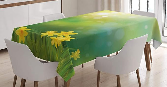 Ambesonne Daffodils Tablecloth, Fresh Flowers on a Spring Season Sun Beams with a Blurred Background of an Artwork Print, Rectangular Table Cover for Dining Room Kitchen Decor, 60" X 90", Yellow Green