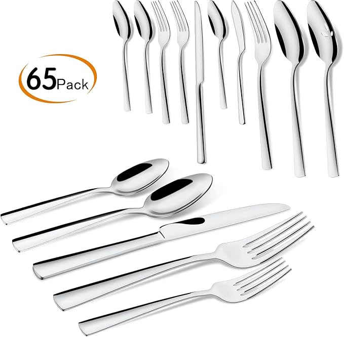 65 Piece Silverware Flatware Cutlery Set, Stainless Steel Fork Spoon Knife Sets for 12, Dishwasher Safe,Ergonomic Design Size and Weight