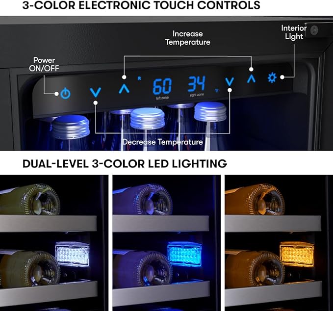 Zephyr Presrv 24 Inch Wine Fridge & Beverage Refrigerator Dual Zone Under Counter - Wine Cooler Cellars Small Beer Fridge Cabinet Drink Chiller Freestanding with French Glass Door 21 Bottles, 64 Cans