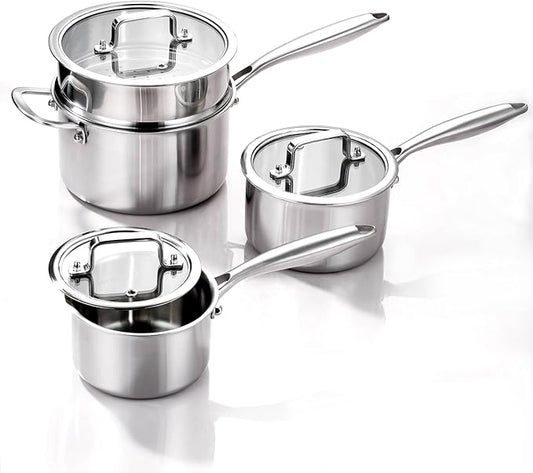 MOUTIUS 1QT+2QT+3.5QT With Steamer Handle Triple Stainless Steel Saucepan with Lid, Ramen Pot with Clear Glass Cover, Small Sauce Pan for Cooking Oatmeal, Dishwasher-Safe, Suitable for All Stoves