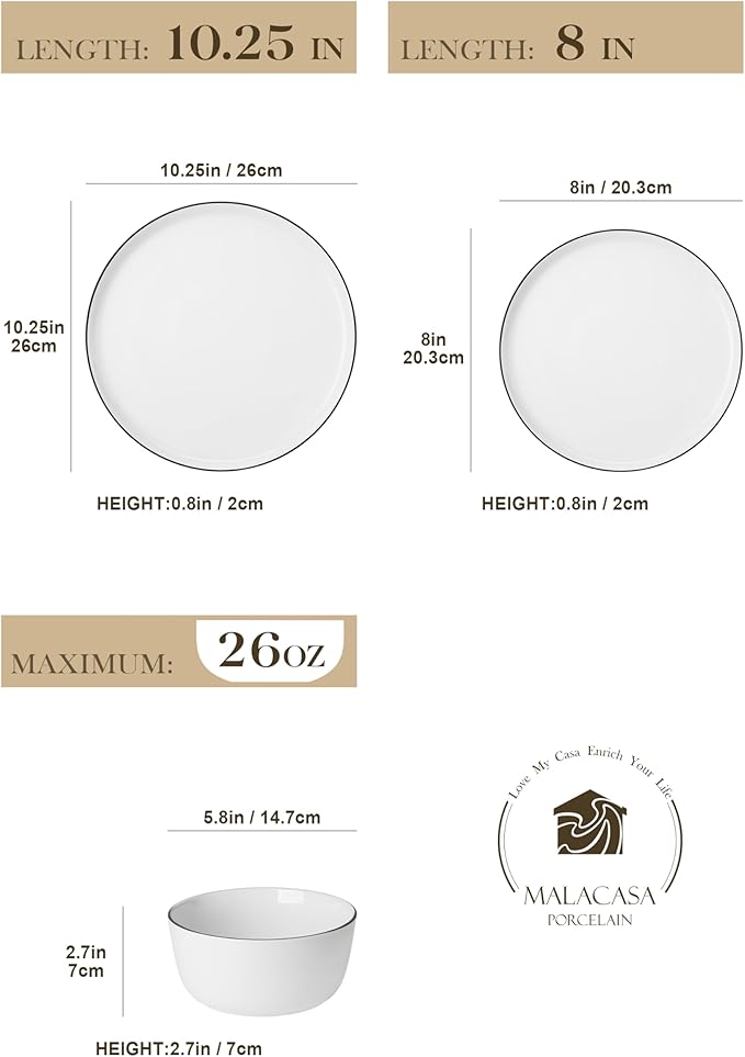MALACASA 18 Pieces Gourmet Porcelain Dinnerware Sets, Premium Plates and Bowls Set, High-Fired Dishes Set for 6, Chip & Scratch Resistant, Microwave Dishwasher Safe, White & Black Rim, Series LEXI