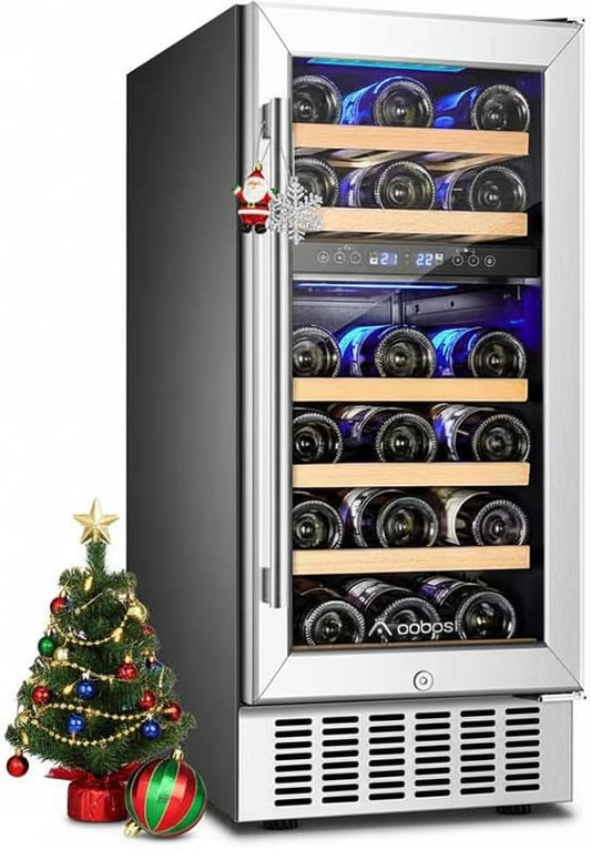 AAOBOSI 15 Inch 28 Bottles Wine Fridge,41-68°F Dual Zone Wine Cooler, Visualized Temperature Regulation, Designed For Large Wine Bottles, 5 Adjustable Shelves,Temperature Memory Function