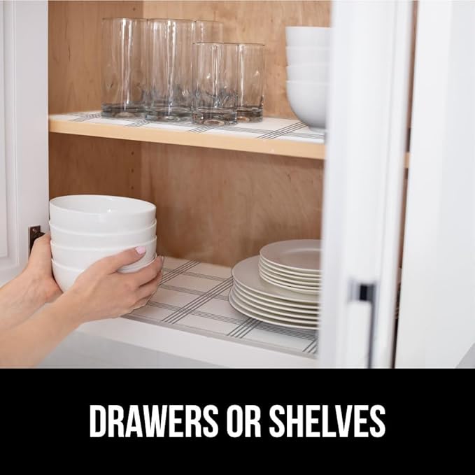GORILLA GRIP Slip Resistant Drawer and Shelf Liner 2 Pack, Non Adhesive Water Resistant, Easy Trim, Smooth Surface Liners for Kitchen Cabinet, Shelves, Drawers Pantry, 12 IN x 20 FT, Stripe Gray White