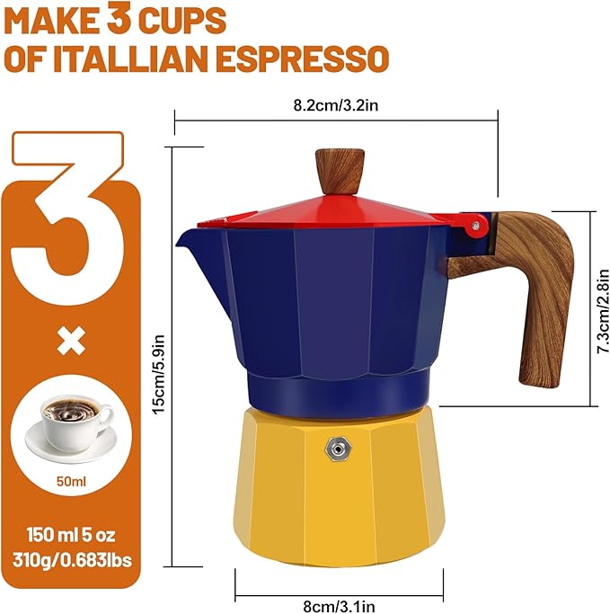 3 Cup Aluminum Espresso Stovetop Moka Pot Express Coffee Maker Percolator Italian Classic Mocha Coffee Machine for Italian and Cuban Cafe Brewing for Home & Camping 150ml 5oz
