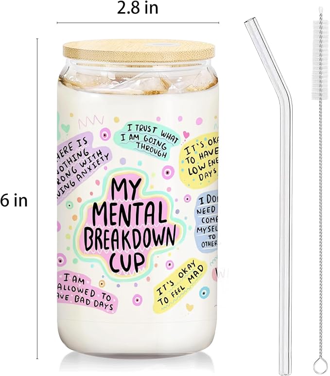 Positive Mental Health Gifts - My Mental Breakdown Cup Glass Cup with Lids and Straws 14oz, Inspirational Daily Affirmations for Women, Glass Coffee Tumbler Drinking Jars with Cleaning Brush